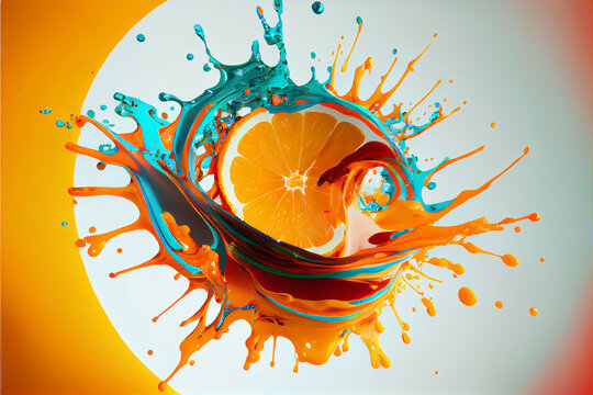 Colorful orange slices splashing in a water, abstract fluid exploding creativity, crazy background with splashes, multicolor liquid effect. 