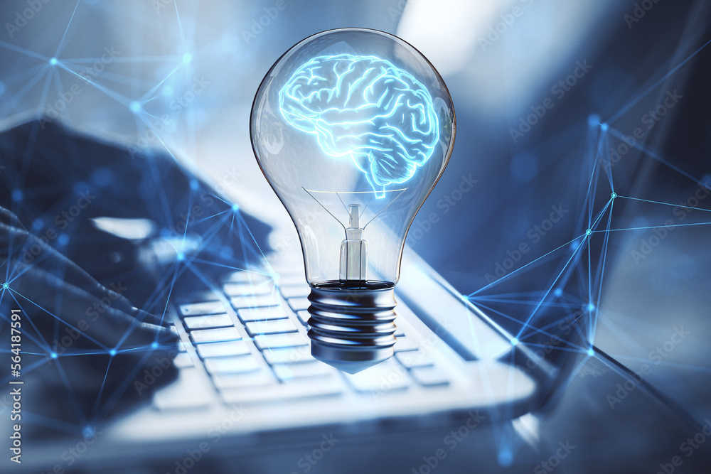 Poster close up of hand using laptop with lamp, brain hologram and polygonal mesh on blurry background. bra