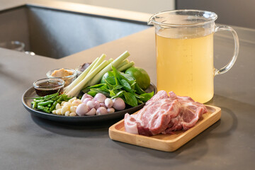 Close up to packshot of Raw Pork and herb ingredients, preparation for Cooking in Thai food menu.
