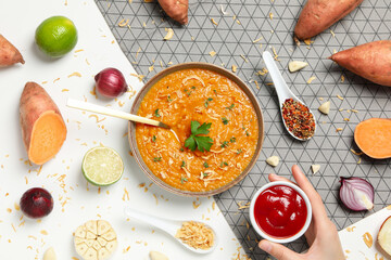 Concept of tasty food, sweet potato puree, top view