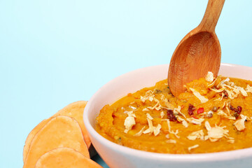 Concept of tasty food, sweet potato puree, space for text