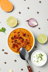 Concept of tasty food, sweet potato puree, top view