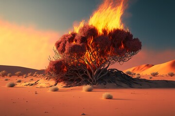 Burning thornbush in the desert. Generative AI.