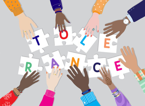 International day for Tolerance 16 November vector banner. Diverse hands male, female together holding puzzle pieces with letters TOLERANCE. Top view table, multicultural,  multiracial people palms 