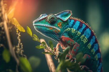 Obraz premium Colorful chameleon on a tree branch. Generative AI.