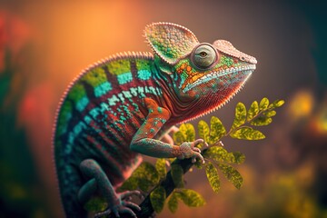 Naklejka premium Colorful chameleon on a tree branch. Generative AI.