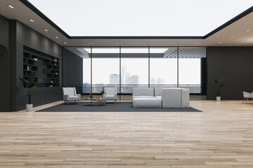 Modern spacious office interior with furniture, panoramic window with city view and wooden flooring. 3D Rendering.