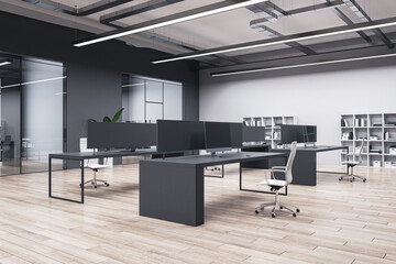 Contemporary coworking office interior with wooden flooring, windows, equipment, furniture and other items. 3D Rendering.