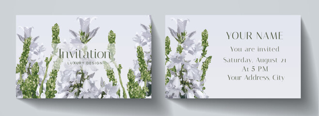 Invitation card with wildflowers bouquet (campanula flower). Floral horizontal vector template for wedding invite, Gift card, voucher, gift certificate