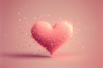 Flying red heart shaped sparkles on a pastel pink background, flat design