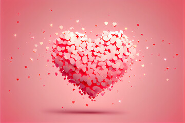 Flying red heart shaped sparkles on a pastel pink background, flat design