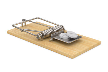 mousetrap and tablets on white background. Isolated 3D illustration