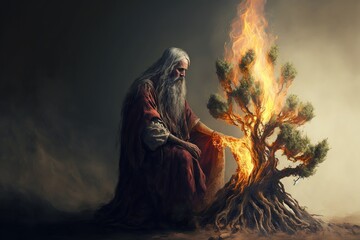 Moses and the burning bush. Generative AI. - obrazy, fototapety, plakaty
