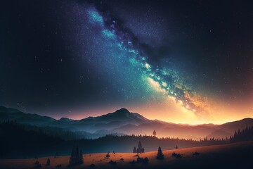 Night landscape with Milky Way. Generative AI.
