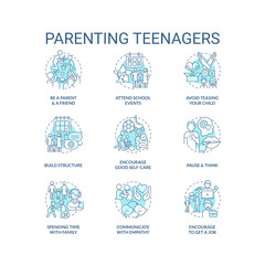 Parenting teenagers turquoise concept icons set. Taking care of adolescent children idea thin line color illustrations. Isolated symbols. Editable stroke. Roboto-Medium, Myriad Pro-Bold fonts used