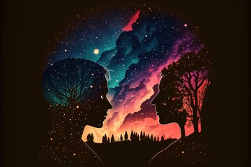 Night sky and silhouette of couple. Generative AI.