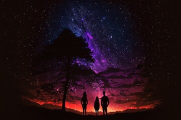 Night sky and silhouette of couple. Generative AI.