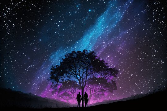 Night sky and silhouette of couple. Generative AI.