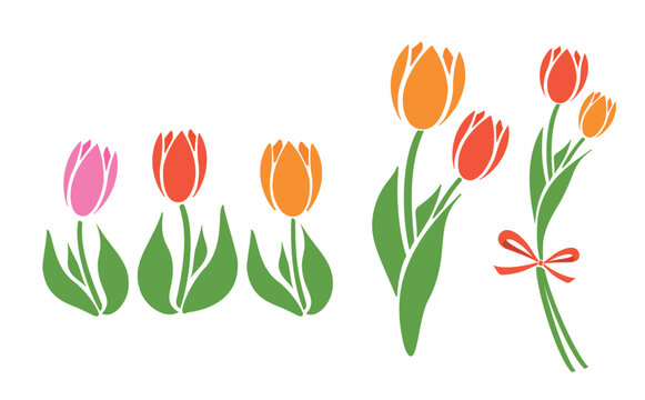 シンプルな春のお花のチューリップの花束イラストセット_ベクター素材_ビビット赤色_透過PNG