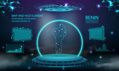 Obraz premium benin map light connecting effect background. abstract digital technology UI, GUI, futuristic HUD Virtual Interface with benin map. Stage futuristic podium in fog.