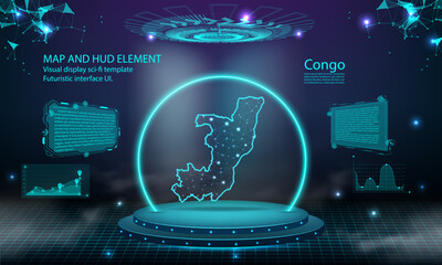 Obraz premium congo map light connecting effect background. abstract digital technology UI, GUI, futuristic HUD Virtual Interface with congo map. Stage futuristic podium in fog.