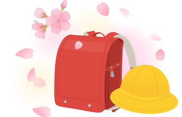 赤いランドセル・黄色い帽子と桜のイメージ素材_ベクターイラスト