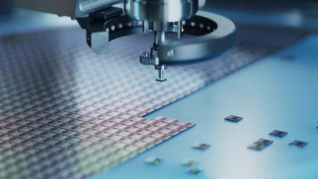 Close-up of Silicon Die are being Extracted from Semiconductor Wafer and Attached to Substrate by Pick and Place Machine. Computer Chip Manufacturing at Fab. Semiconductor Packaging Process. 