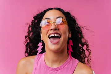 Gardinen Farbenfroh Creative studio portrait of beautiful hispanic woman with diastema - Cool, modern and unique female adult posing on colorful background, concepts about diversity, individuality and fashion  © oneinchpunch