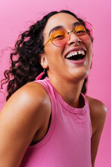 Creative studio portrait of beautiful hispanic woman with diastema - Cool, modern and unique female adult posing on colorful background, concepts about diversity, individuality and fashion - 564190978