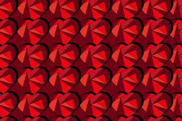 Seamless pattern with mosaic red viva magenta heart. Creative background with red hearts. Wallpaper and fabric print. Valentines day concept. Hipnotize effect backdrop.