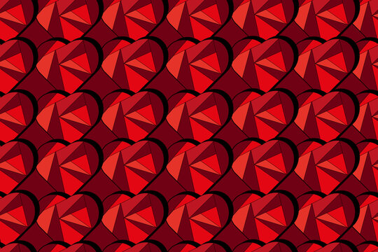 Seamless pattern with mosaic red viva magenta heart. Creative background with red hearts. Wallpaper and fabric print. Valentines day concept. Hipnotize effect backdrop.