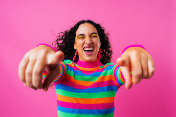 Creative studio portrait of beautiful hispanic woman with diastema - Cool, modern and unique female adult posing on colorful background, concepts about diversity, individuality and fashion