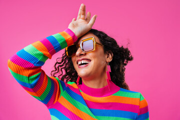 Creative studio portrait of beautiful hispanic woman with diastema - Cool, modern and unique female adult posing on colorful background, concepts about diversity, individuality and fashion
