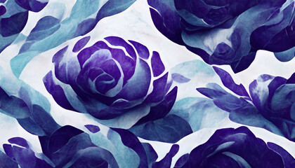 Flower background. Floral design. Nature ornament. Blue purple color rose petals leaves on white abstract decorative pattern art illustration.