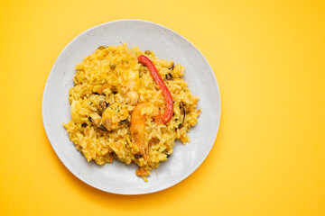 Classic dish of Spain, paella in plate