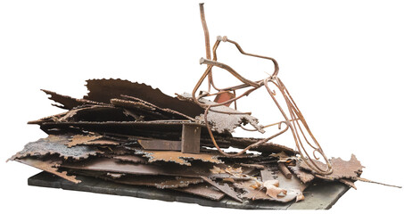 Isolated PNG cutout of a metallic scrap pile on a transparent background, ideal for photobashing, matte-painting, concept art