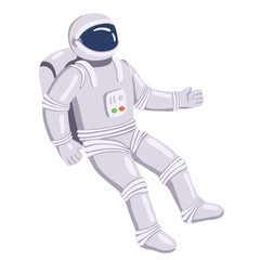 Fototapeta na wymiar Astronaut in spacesuit in weightlessness in cool, blue and purple hues. Space illustration of a man in a spacesuit floating in the air. Flat style vector graphic, astronaut in the universe, galaxy