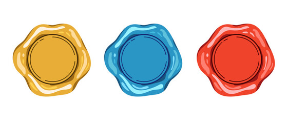 Set of postage stamps and candle stamps with blank field, vintage wax stamps for letters, parchments and envelopes. wax print gold, blue and red. Vector illustration