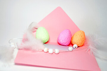 Decorative eggs on pink envelope, Easter card