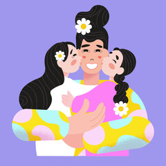 Vector illustration. Motherhood, young mother hugging two daughters. Mom with two children. Background, booklet, advertising.