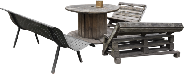Isolated PNG cutout of a chilling place made of recycled wooden benches around a table on a transparent background, ideal for photobashing, matte-painting, concept art
