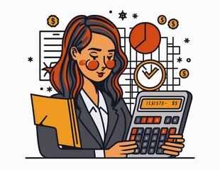 businesswoman calculator and analyzing data made with generative ai, vector style, flat, illustration, cartoon, line, showcasing the theme of financial analysis and budgeting