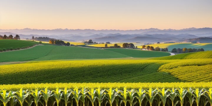 Corn field growing in farmland with mountains in the background, beautiful plains, rolling hills and immaculate rows of crops