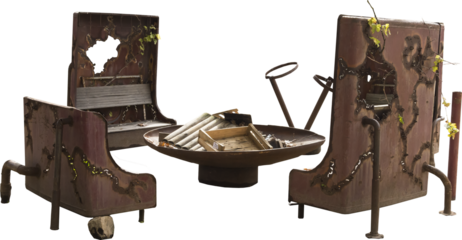 Isolated PNG cutout of ivy covererd rusty benches around a camp fire on a transparent background, ideal for photobashing, matte-painting, concept art