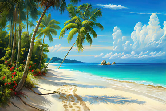 Remote white sandy beach on tropical island with crystal clear waters as travel destination illustration (Generative AI)