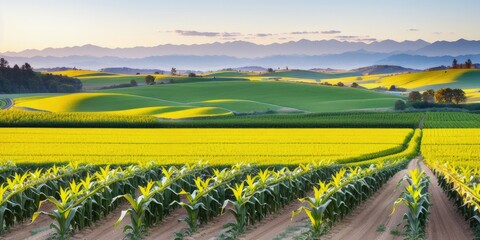 Corn field growing in farmland with mountains in the background, beautiful plains, rolling hills and immaculate rows of crops