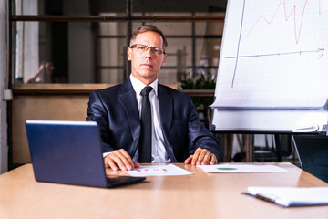 Mature handsome senior businessman sitting at his desk in the office - Portrait of corporate manager 