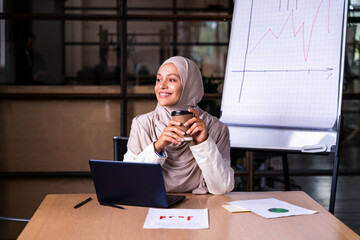 Beautiful middle-eastern businesswoman wearing traditional arab dress working in the office