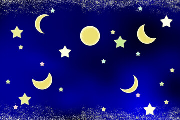 新月から満月、月の満ち欠けと星空の背景イラスト