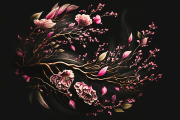 realistic wind swirls with sakura cherry branch flower leaves pink petals on black background 3d illustration